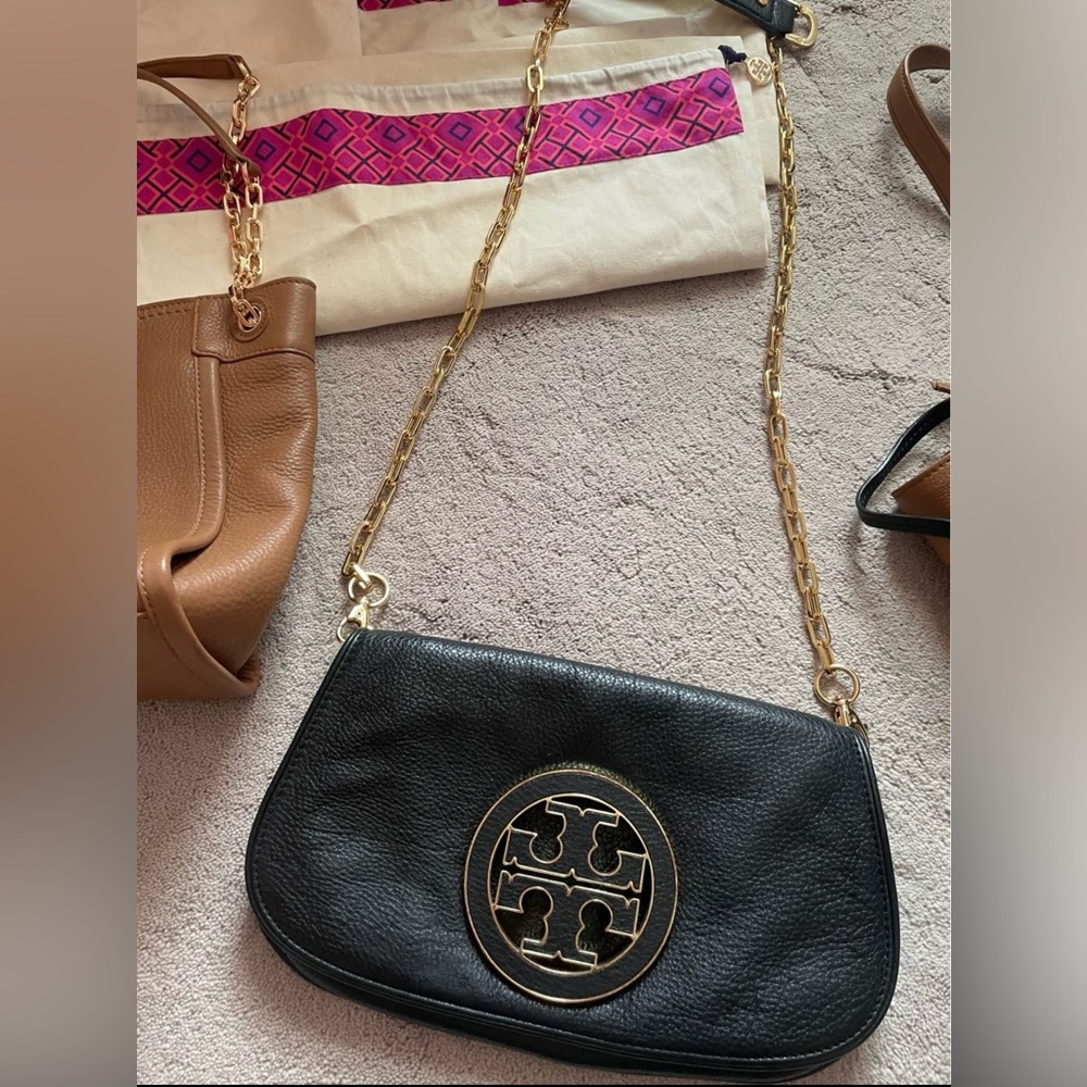 Tory Burch REVA crossbody bag leather flap fold over clutch purse chain strap